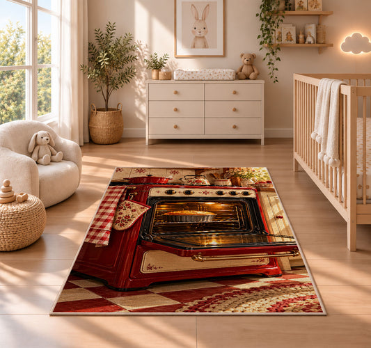 Vintage red oven rug in a nursery beside a crib and dresser