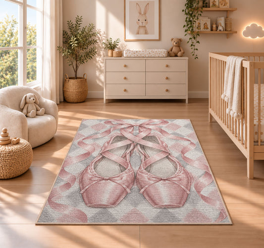 Pointe shoes harlequin rug in a nursery beside a crib and dresser