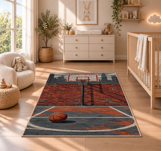 Streetball Chain Net Court rug in a nursery beside a crib and dresser