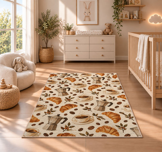 Coffee Shop Pattern rug in a nursery beside a crib and dresser
