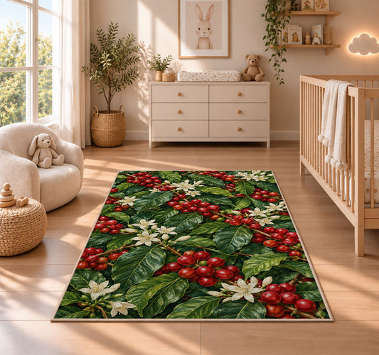 Coffee Cherry Branches rug in a nursery beside a crib and dresser