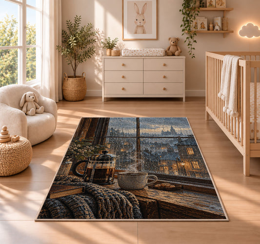 French Press Rainy Window rug in a nursery beside a crib and dresser