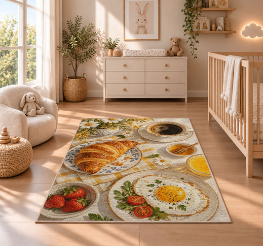Breakfast Coffee Table rug in a nursery beside a crib and dresser