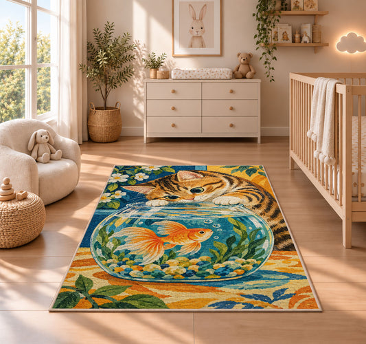 Tabby Cat and Goldfish rug in a nursery beside a crib and dresser