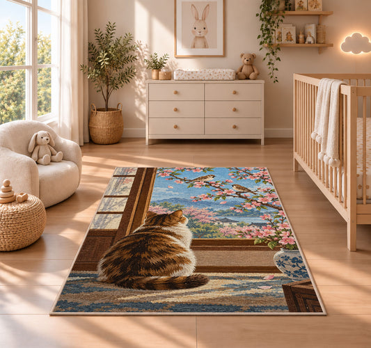 Cat Watching Sparrows rug in a nursery beside a crib and dresser
