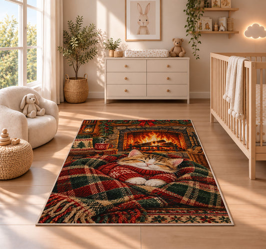 Sweater Kitten by Fireplace rug in a nursery beside a crib and dresser