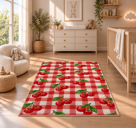 Gingham Cherry Rug in a nursery beside a crib and dresser
