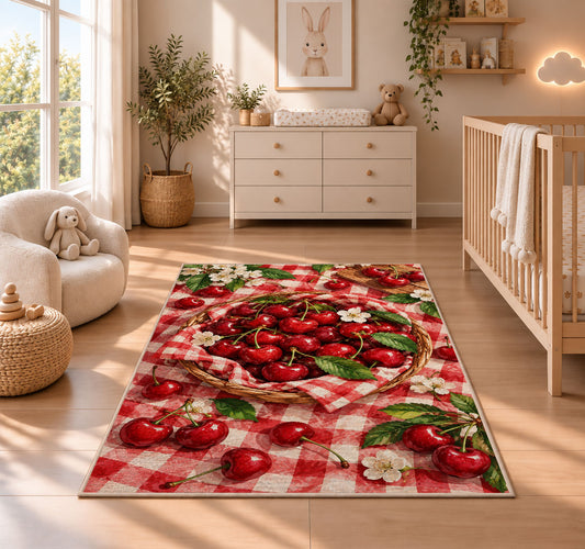Cherry Picnic Rug in a nursery beside a crib and dresser