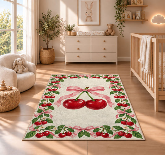 Cherry Border Rug in a nursery beside a crib and dresser