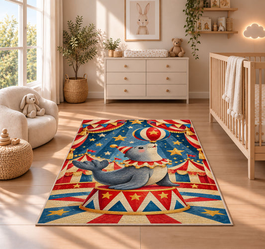 Circus Seal Rug in a nursery beside a crib and dresser