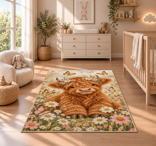 Baby Highland Cow Nursery Rug in a nursery beside a crib and dresser