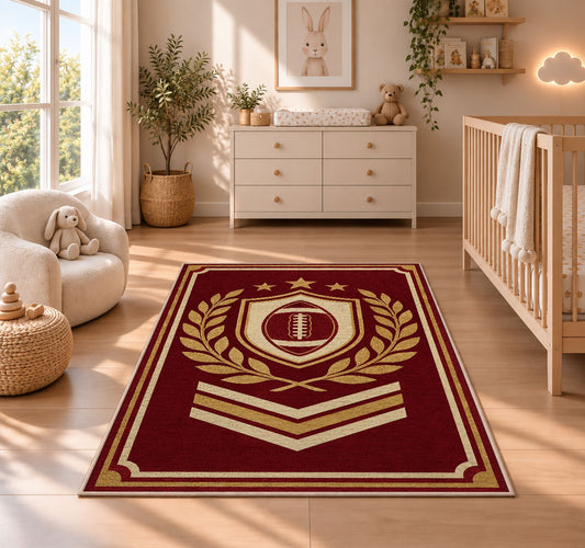 Varsity Football Emblem rug in a nursery beside a crib and dresser