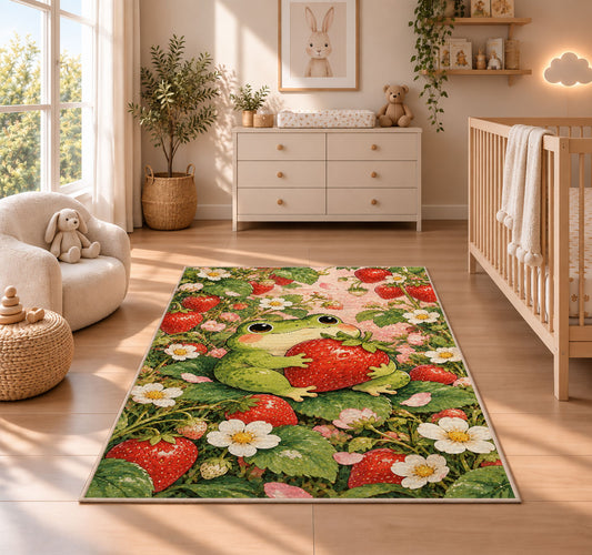 frog hugging a strawberry rug in a nursery beside a crib and dresser