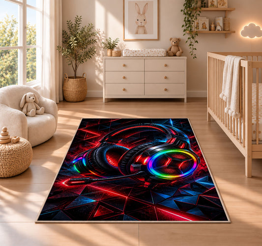 RGB Gaming Headset rug in a nursery beside a crib and dresser
