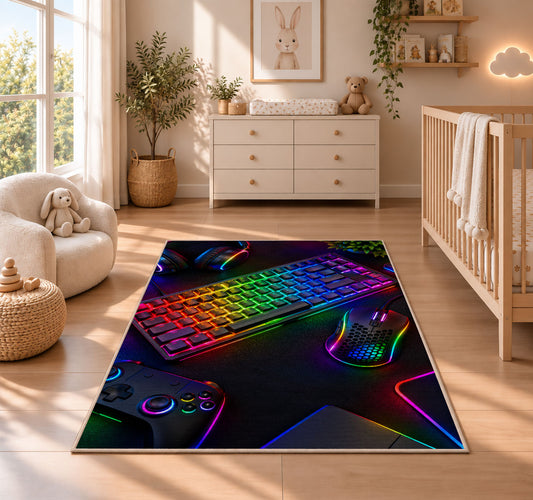 Rainbow Mechanical Keyboard rug in a nursery beside a crib and dresser
