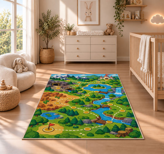 Game Level Map rug in a nursery beside a crib and dresser