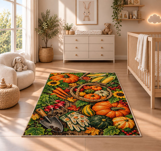 Fall Harvest Garden Rug in a nursery beside a crib and dresser