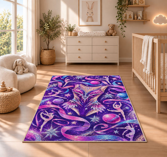 Sparkly Leotard Rug in a nursery beside a crib and dresser