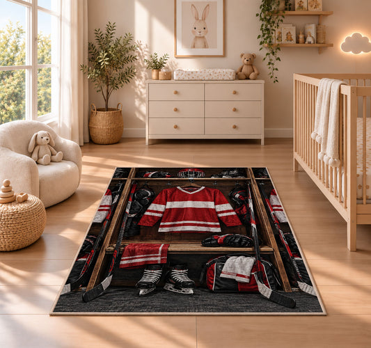 Hockey Locker Room rug in a nursery beside a crib and dresser