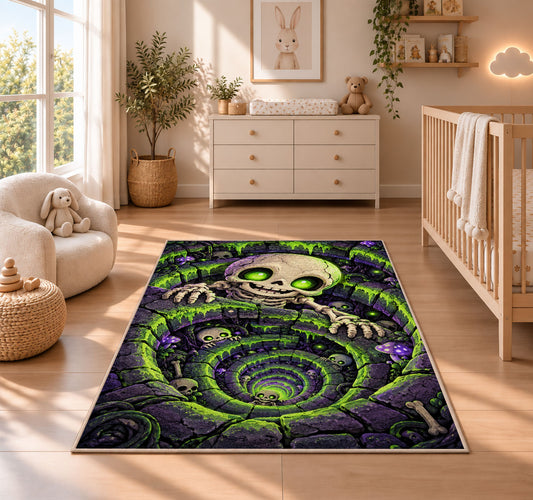 Glowing green skeleton well vortex area rug in a nursery with a wooden floor
