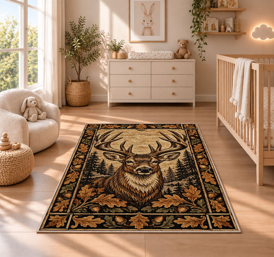 Woodcut Stag rug in a nursery beside a crib and dresser