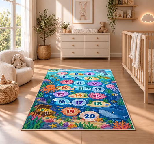 Blue ocean hopscotch rug with numbered bubbles, coral, fish and sea animals, displayed across a wood floor