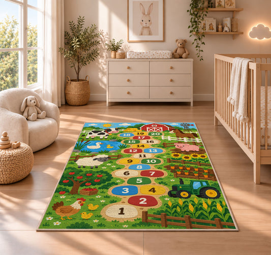 Green farm animal hopscotch rug with numbered circles, barn, tractor and fields, displayed across a wood floor