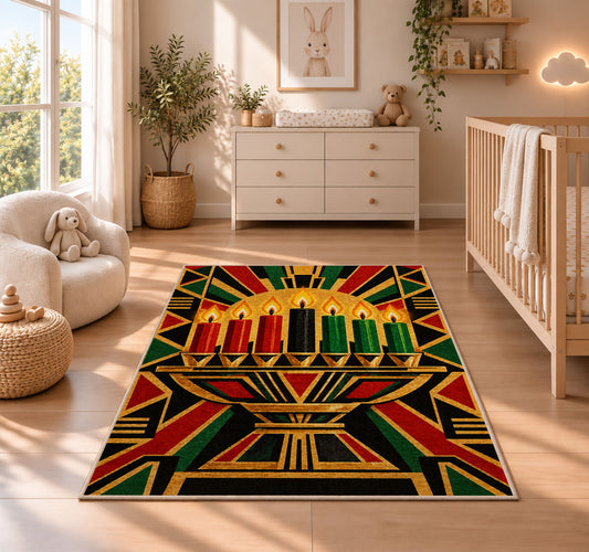 Art Deco Kwanzaa Rug in a nursery beside a crib and dresser