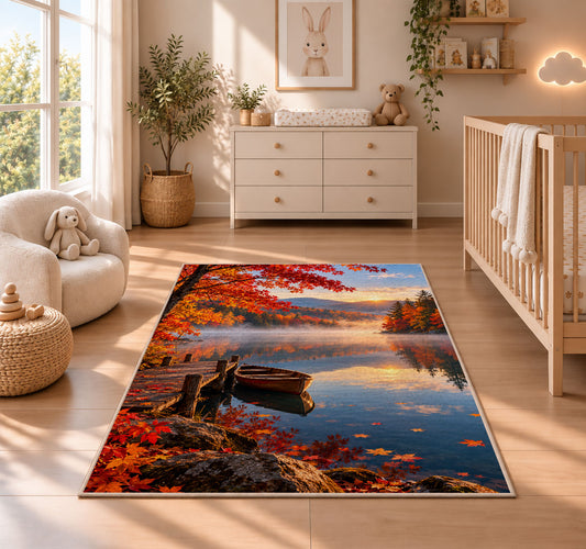 Autumn lake with rowboat rug in a nursery beside a crib and dresser