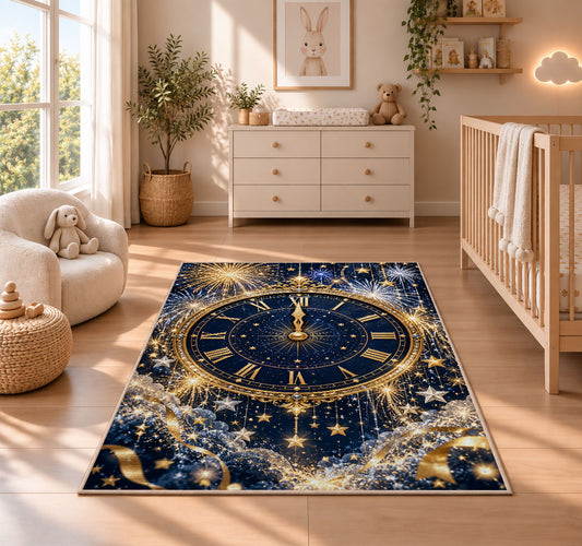 Midnight clock fireworks rug in a nursery beside a crib and dresser