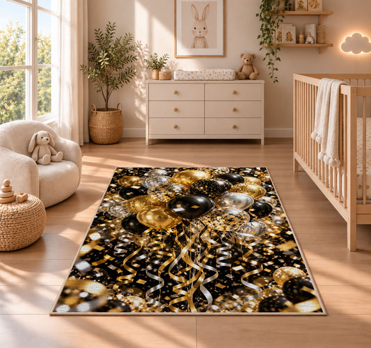 Gold and black balloons rug in a nursery beside a crib and dresser