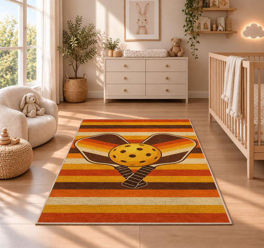 Retro Stripe Pickleball Rug in a nursery beside a crib and dresser