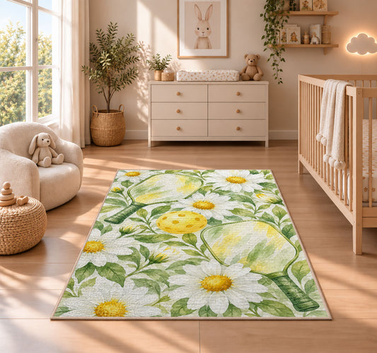 Watercolor Pickleball Daisy Rug in a nursery beside a crib and dresser