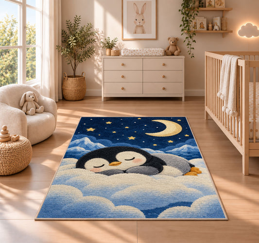 Sleeping Baby Penguin Rug in a nursery beside a crib and dresser