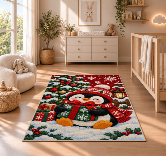 Christmas Penguin Rug in a nursery beside a crib and dresser