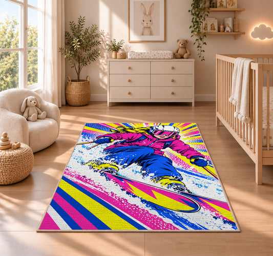 Pop art skier rug in a nursery beside a crib and dresser