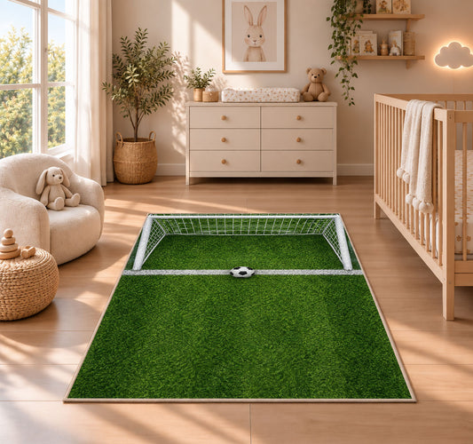 soccer goal top view rug in a nursery beside a crib and dresser