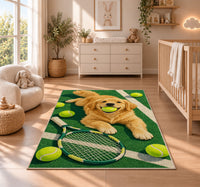 Dog with Tennis Ball Rug in a nursery beside a crib and dresser