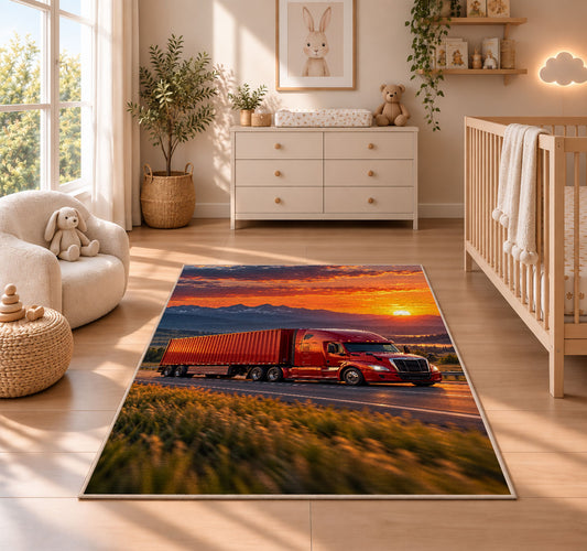 Red semi truck at sunset rug in a nursery beside a crib and dresser