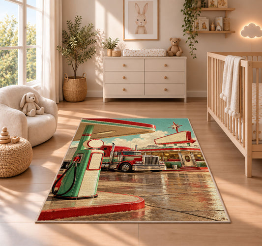 Retro truck stop rug in a nursery beside a crib and dresser