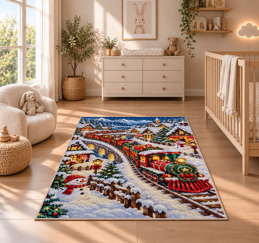 Christmas Village Train Rug in a nursery beside a crib and dresser