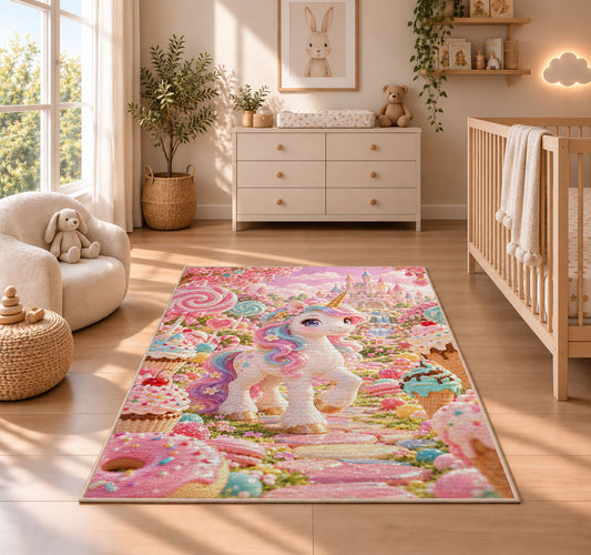 unicorn in a candy garden rug in a nursery beside a crib and dresser