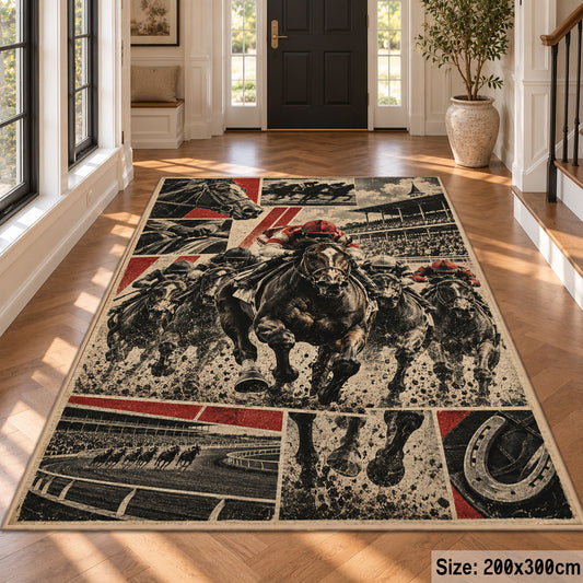Horse racing collage area rug featured design view