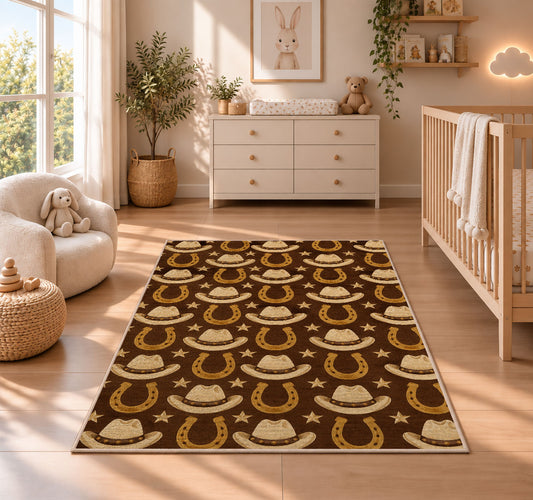 Hats and horseshoes rug in a nursery beside a crib and dresser