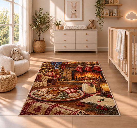 Milk and Cookies for Santa rug in a nursery beside a crib and dresser