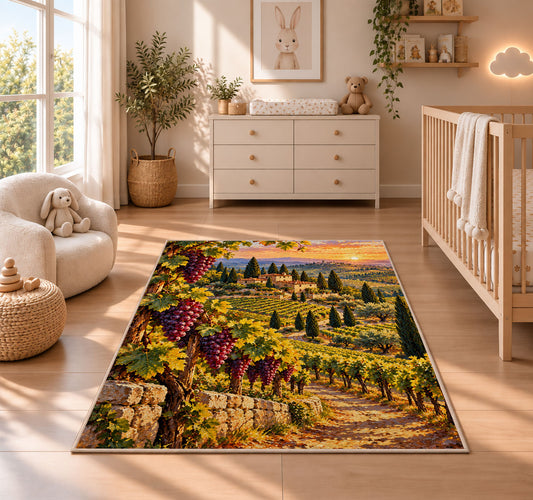tuscany vineyard rug in a nursery beside a crib and dresser