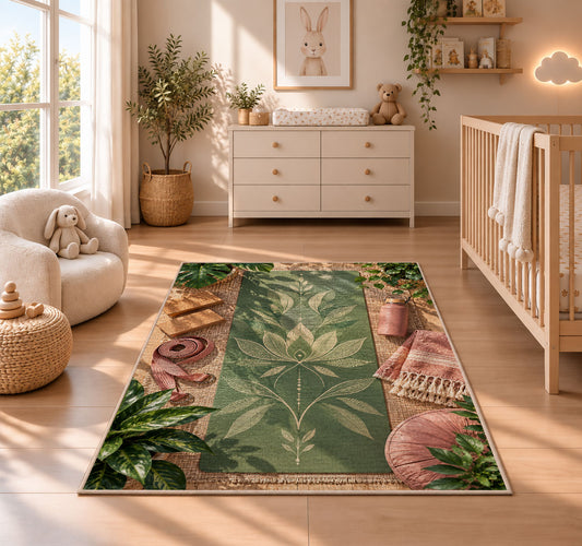 yoga mat flat lay rug in a nursery beside a crib and dresser