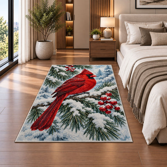 Cardinal on Snowy Branch Rug in a bedroom beside the bed