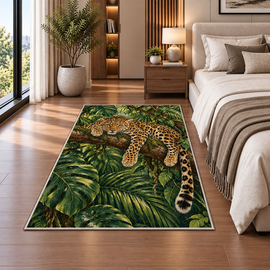 Leopard Resting on Tree Branch Rug in a bedroom beside the bed
