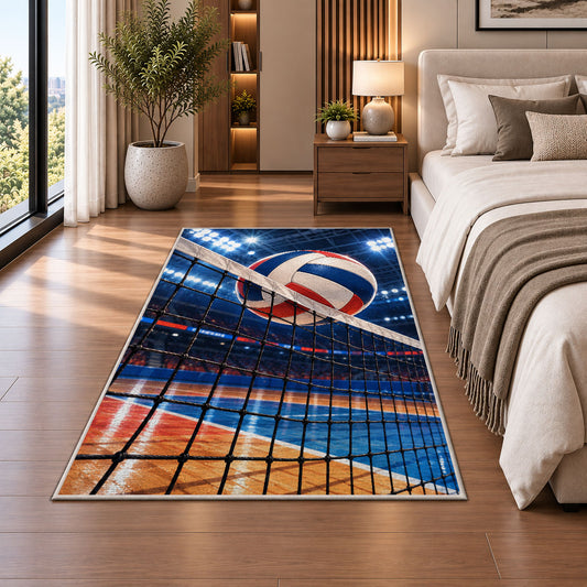Volleyball Hitting Net Rug in a bedroom beside the bed